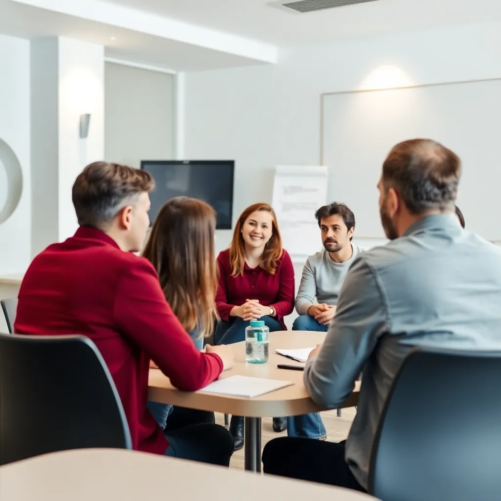 Workshop emocionálnej inteligencie s účastníkmi diskutujúcimi v malých skupinách