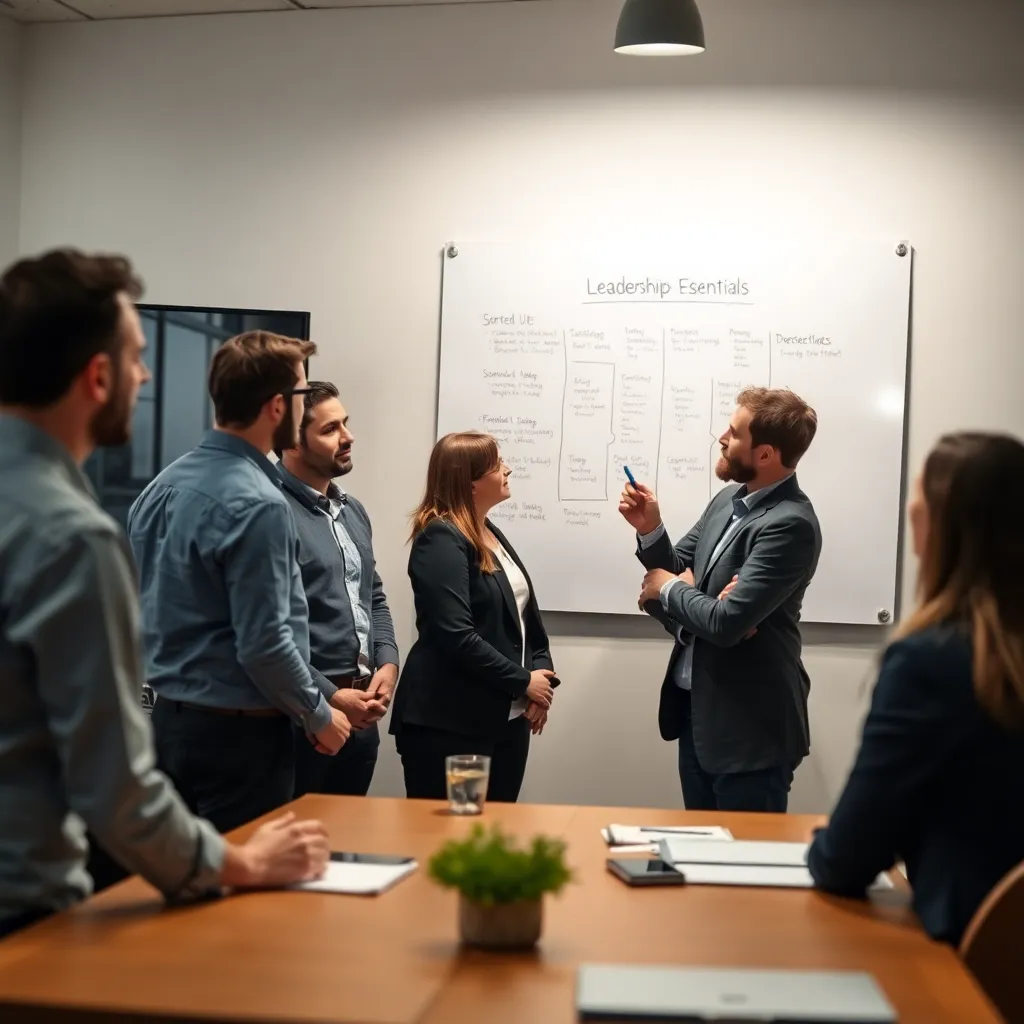 Skupina manažérov na workshope tímového vedenia diskutujúca pri flipcharte